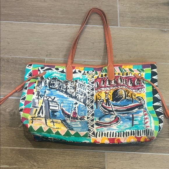 PRADA Venice Print Top Handle Tote Bag nylon Canvas x Leather - Picture 1 of 12